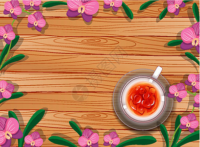 空白木桌的顶视图 上面放着一杯茶 树叶和粉红色的兰花元素图片