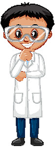 在白色背景上穿着实验室长袍的男孩活动科学家童年情感男孩们孩子们青年少年卡通片行动图片