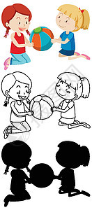 两个孩子在玩彩色 轮廓和剪影球图片