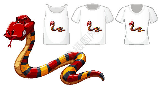 白色背景上有多种衬衫的红蛇卡通人物图片