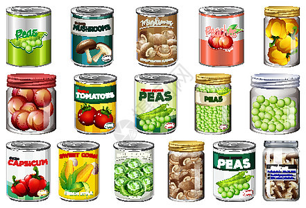 一组不同的罐头食品和罐装食品隔离玉米营养水果杂货店包装铝罐收藏火腿蔬菜艺术图片