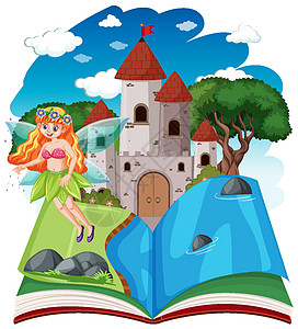 白色背景上弹出书卡通风格的童话故事和城堡塔建筑娱乐阅读孩子乐趣孩子们装饰青年卡通片植物图片