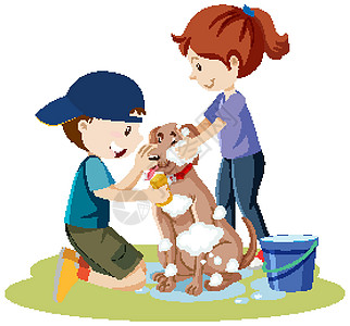 两个孩子在狗身上用泡沫泡沫给狗洗澡卡通隔离图片