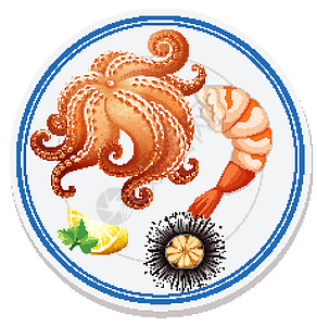 平台上食物的鸟瞰图章鱼卡通片夹子寿司海鲜盘子绘画艺术插图图片