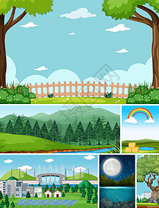 自然环境卡通风格中的六个不同场景操场击剑木材土地风景太阳能板观光环境月亮森林背景图片