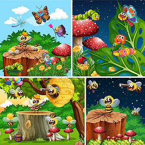 生活在花园背景中的一组不同昆虫想像力生物风景丛林蜂窝团体童话荒野插图动物图片