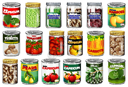一组不同的罐头食品和罐装食品隔离火腿营养烹饪玉米杂货店收藏水果包装团体菠萝图片