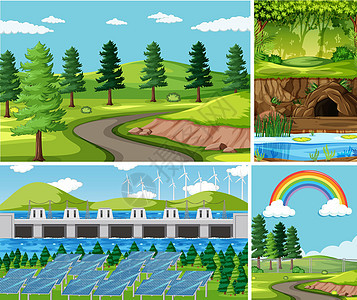 自然环境卡通风格中的四个不同场景森林树叶洞穴面具环境季节植物风景土地太阳能板图片