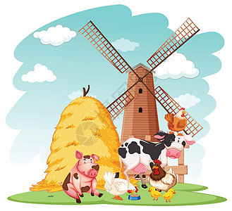 远处有农场动物的农场场景乡村奶牛绘画卡通片国家干草农业插图生物羽毛图片