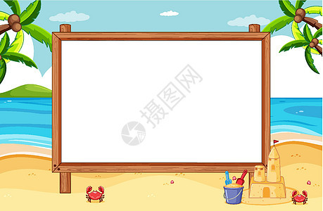 海滩场景中的空白木框艺术广告海报广告牌插图艺术品风景面具沙堡木板图片