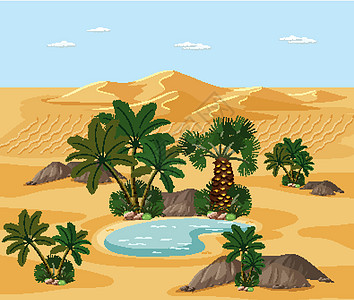 沙漠景观与自然树元素场景卡通片阳光插图天气干旱棕榈旅行天空环境冒险图片