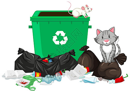 猫和老鼠在垃圾桶的场景图片