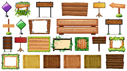 各种类型的标志旗帜一套广告牌交通木头绘画边界收藏框架植物卡通片团体图片