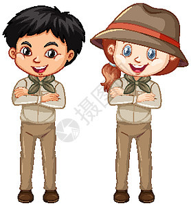 穿棕色制服的男孩和女孩女士学生卡通片瞳孔绘画孩子童年男孩们青年情感图片