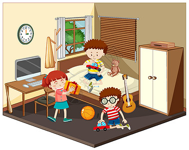卧室里快乐的孩子们穿着棕色衣服图片