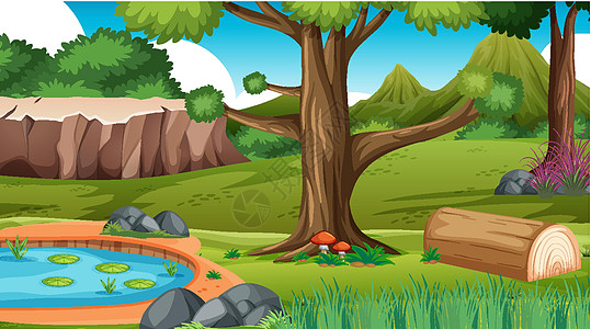 自然户外森林背景丛林艺术卡通片环境夹子池塘绘画场景插图风景插画