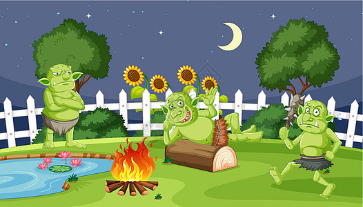 在花园背景中以卡通风格进行火营之夜的地精或巨魔图片