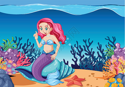 海底背景下可爱的美人鱼卡通人物卡通风格女孩海洋女性孩子横幅卡通片爬虫想像力珊瑚童话图片