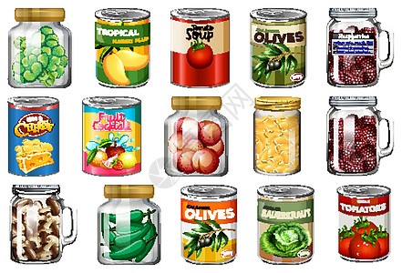 一组不同的罐头食品和罐装食品隔离贮存玉米蔬菜铝罐产品火腿绘画插图水果烹饪图片