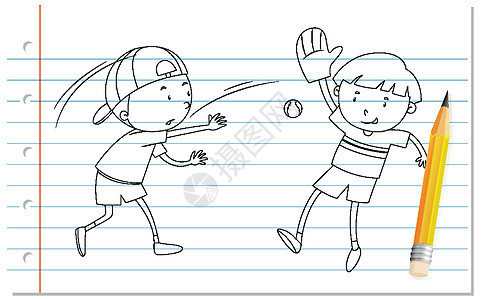 两个男孩打棒球大纲的手写背景图片