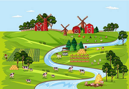 农场自然与谷仓景观场景场地风景风车奶牛仓库环境农村卡通片绘画农业图片