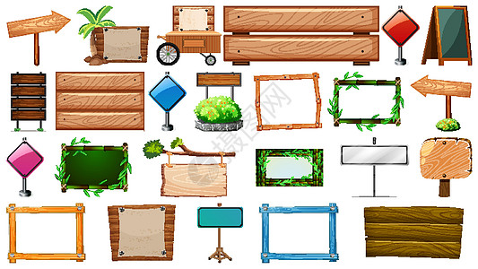 各种类型的标志旗帜一套绘画木头插图广告牌植物夹子边界指示牌艺术空白图片