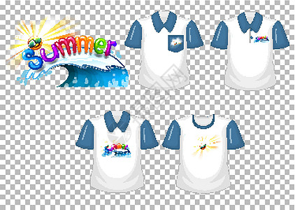 透明背景上有多种衬衫的夏季字体标志商品插图蓝色标识字母衣服产品措辞马球短袖图片