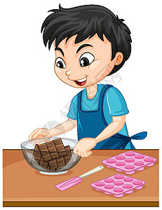 带烘焙设备的男孩的卡通人物围裙厨师巧克力微笑幼儿园青年男孩们男人女孩厨房图片