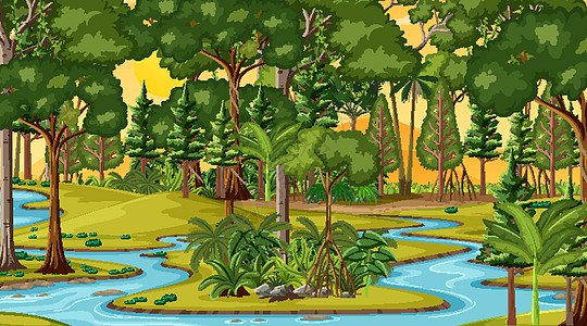 日落时沿着森林场景的河流植物卡通片绘画夹子针叶热带荒野横幅插图太阳图片