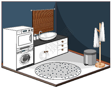带家具的洗衣房内部建造等距镜子液体房间卡通片住宅建筑建筑学洗衣机背景图片