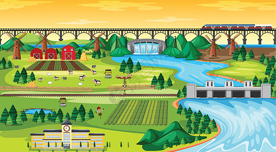 具有坝边景观场景卡通风格的农田镇和学校及桥梁空中列车天空房子风景植物动物插图场地农业建筑动物群图片