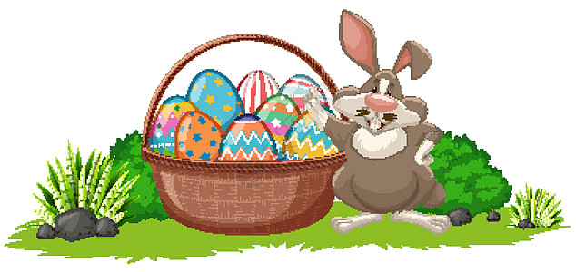 复活节的海报设计与兔子和装饰的鸡蛋图片