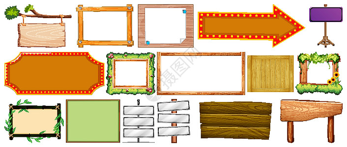 各种类型的标志旗帜一套交通植物艺术边界木头插图框架夹子卡通片广告牌图片