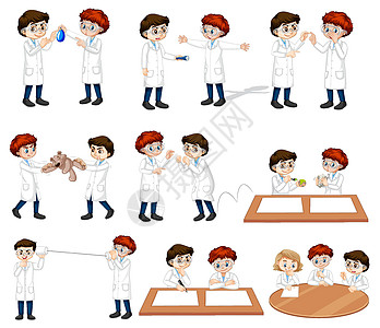 一组不同姿势卡通人物的年轻科学家图片