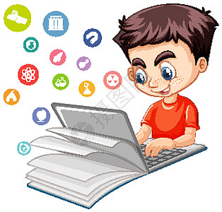 男孩在带有教育图标隔离的笔记本电脑上搜索工作孩子们工程工具网络数学学生阅读青年商业图片