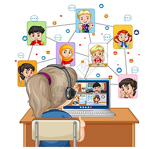 在白色背景下看电脑进行在线学习的女孩的后视图图片