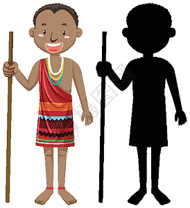 一组非洲部落人物及其剪影衣服戏服社区黑色插图卡通片女孩阴影村庄青年图片