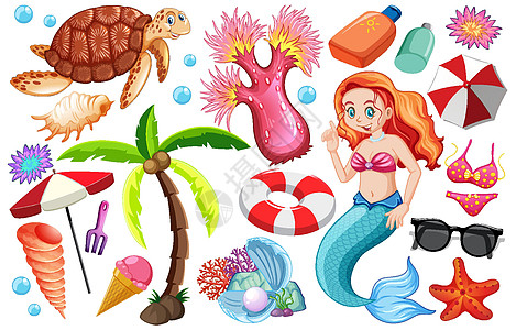 白色背景上的一组夏季海滩图标和美人鱼卡通人物神话天气女性想像力爬虫海洋生物童话环境插图图片