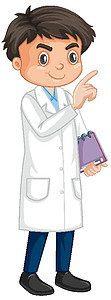 在白色背景上穿着实验室长袍的男孩微笑卡通片男孩们童年衣服科学教育时代学生少年图片
