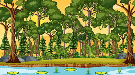 日落时沿着森林场景的河流夹子橙子卡通片太阳荒野风景针叶全景辉光横幅插画