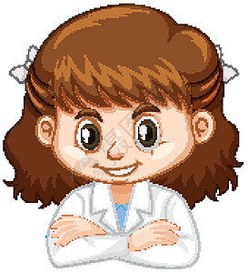 白色背景上穿着科学长袍的可爱女孩绘画戏服微笑实验室瞳孔学习女性卡通片衣服童年图片