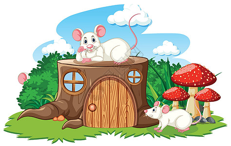白色背景上带有白色老鼠卡通风格的树桩屋图片