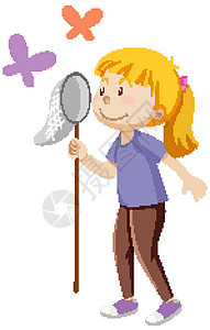 一个拿着昆虫的女孩站着与一些蝴蝶卡通孤立物合影图片