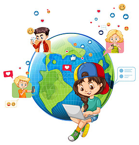 地球上有社交媒体元素的儿童互联网男性孩子世界社会技术男生少年时代行星图片