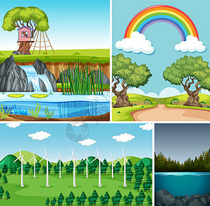 自然环境卡通风格中的四个不同场景沼泽叶子土地发电机植物观光环境插图季节流动背景图片