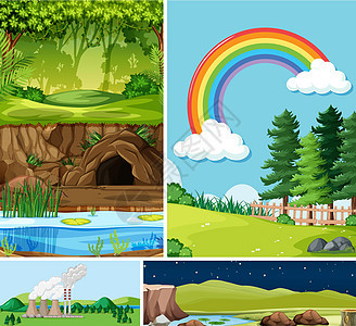 自然环境卡通风格中的四个不同场景收藏面具森林观光环境团体沼泽天空插图树叶图片
