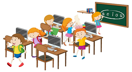 白色背景上有计算机教室元素的学生工程边界瞳孔学习班级学校孩子教育科学幼儿园图片
