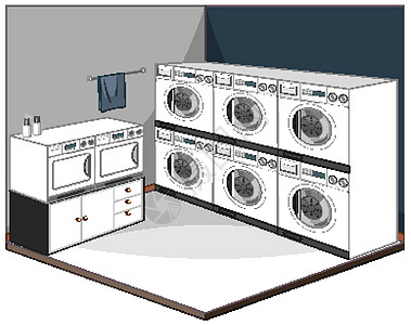 带家具的洗衣房内部洗衣机建筑学建筑设施卡通片洗衣店住宅夹子绘画插图图片