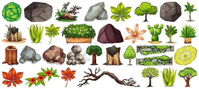白色背景上孤立的一组不同性质艺术岩石树叶花园环境风格团体树桩植物叶子图片