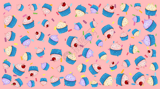 无缝背景图案与蛋糕卡通片绘画奶油状团体甜点夹子面包食物艺术包装图片
